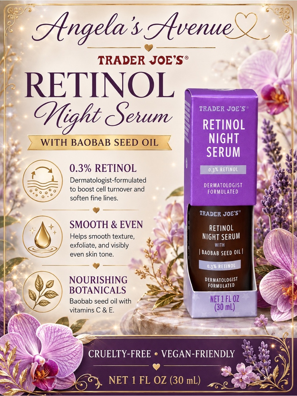 Trader Joe's Retinol Night
Serum with Baobab Seed Oil Skincare NEW IN BOX